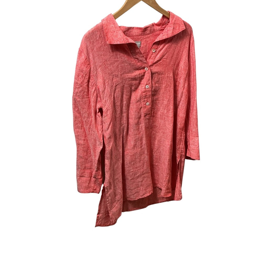 Chicos 100% Linen Tunic Top Red Orange Button Front Long Sleeve Size 2 L NEW - Picture 8 of 13